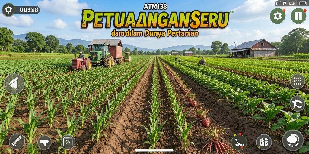 Screenshot <strong>ATM138</strong> menampilkan pengalaman seru bertani di lahan hijau.