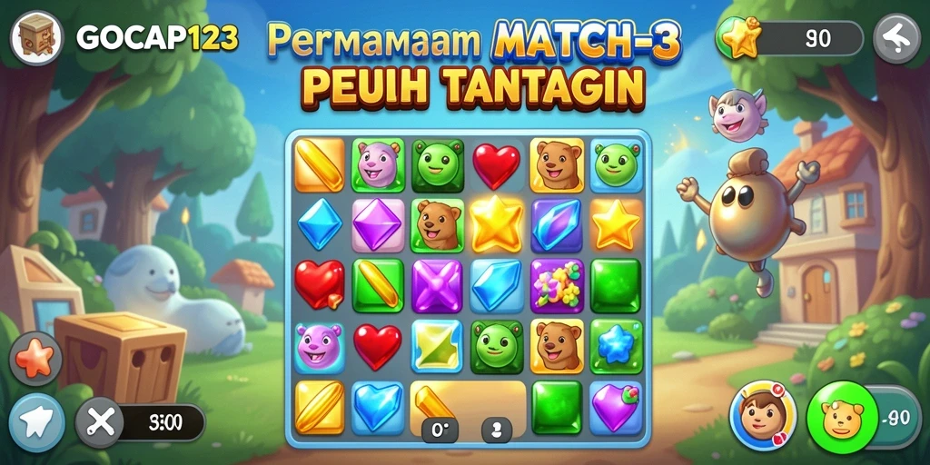 Screenshot gameplay GOCAP123 dengan objek Match-3 yang cerah dan menarik.
