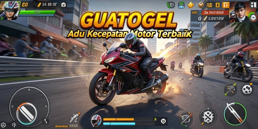 Screenshot gameplay GUATOGEL dengan balapan motor yang dramatis
