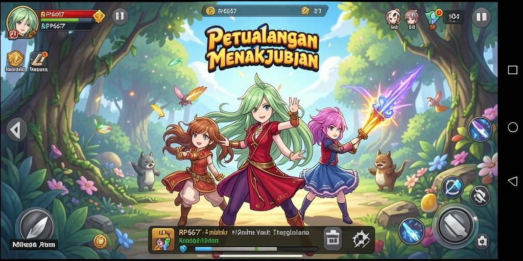 Screenshot utama RP6677 menampilkan aksi epik dan karakter anime.