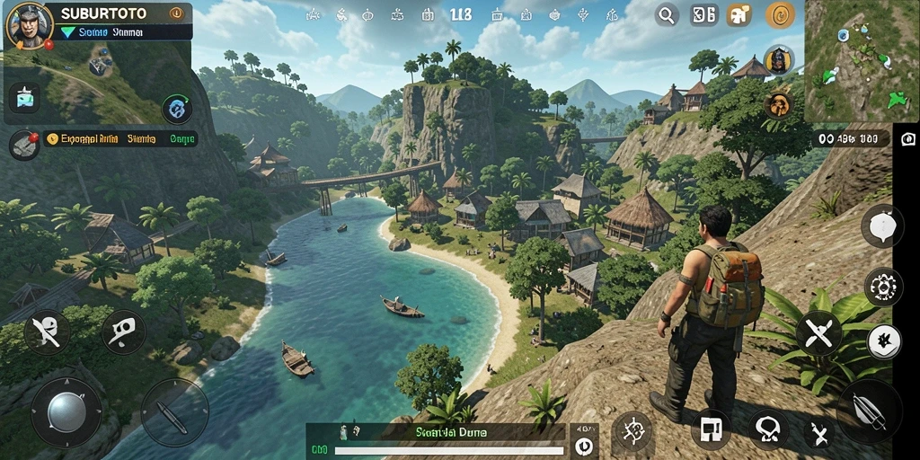 Screenshot gameplay SUBURTOTO menampilkan interaksi sosial dan pengelolaan sumber daya yang mendalam.