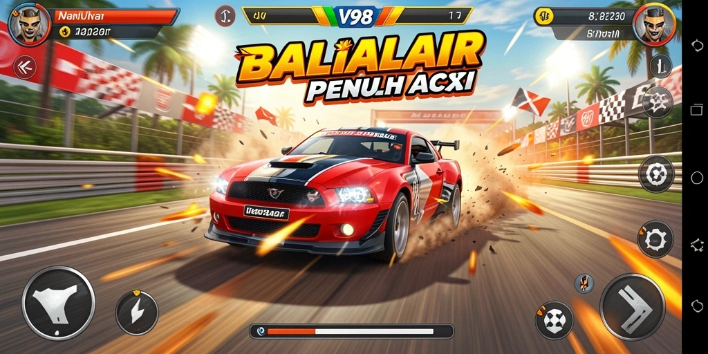 Tangkapan layar V98 menampilkan intensitas balapan yang seru dan dramatis.
